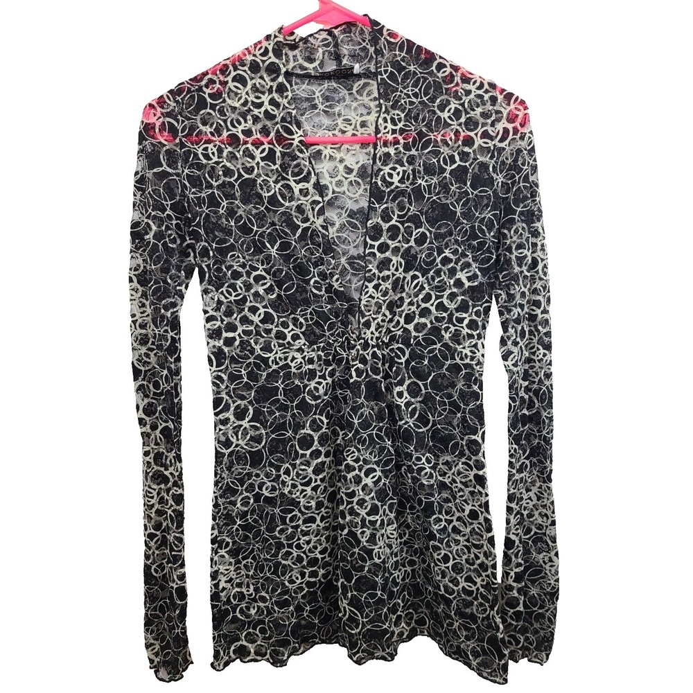 VTG Y2K Kokoon Sheer Lace Top Womens Small Black White Circle Print Long Sleeve